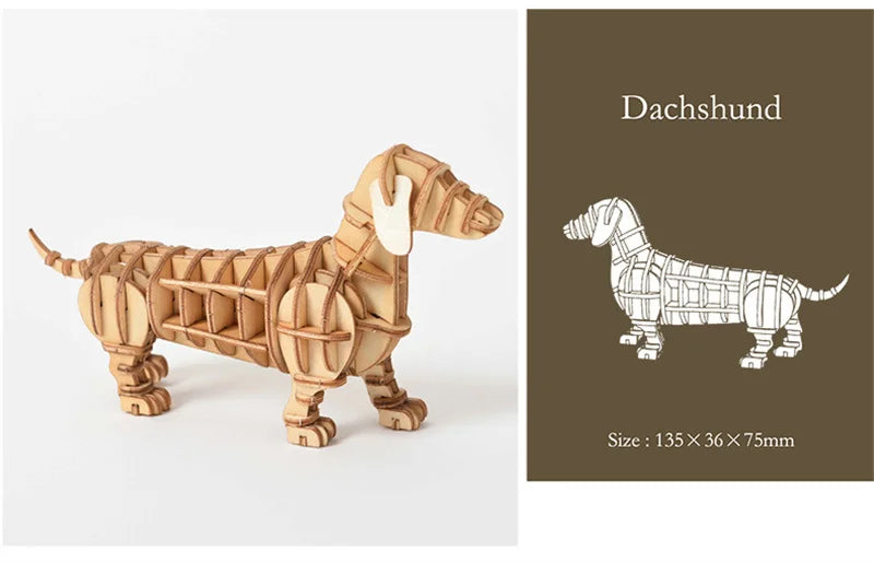 DIY 3D Wooden Puzzle Model Animal Montessori Toys for Children Crafts Dachshund Skeleton Assembly Gift Set for Kids Adults Teens