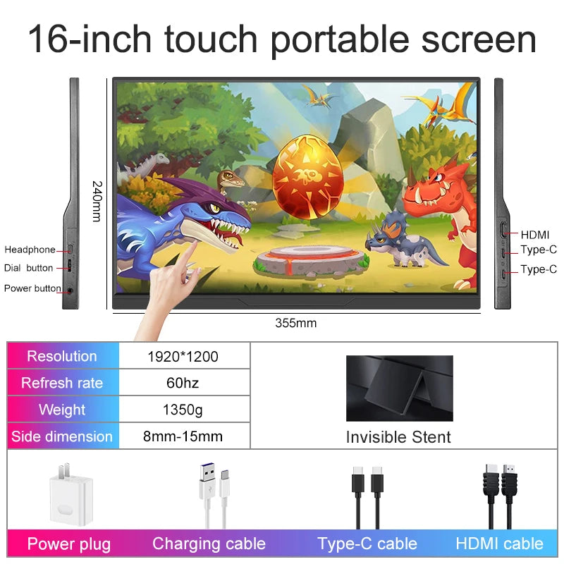 16 inch Portable Monitor 2.5K/120HZ/100%sRGB  For Laptop XBox PS4 / 5 Switch Cell Phone Computer Extension Gaming  Travel Screen