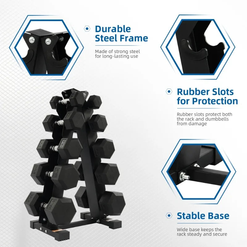 BalanceFrom 150LB Coated Hex Dumbbell Weight Set and A-Frame Storage Rack, 5-25 lbs Pairs