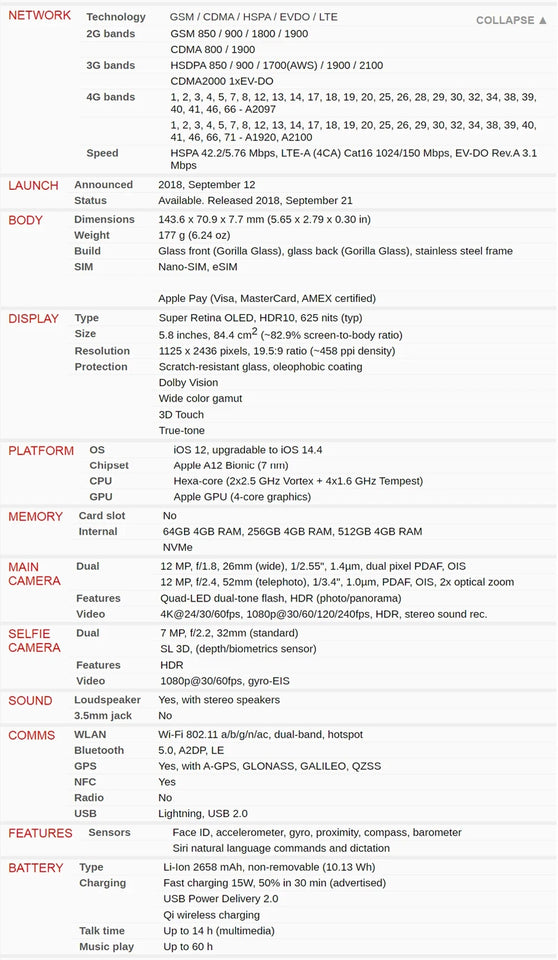Original Apple iPhone XS Mobile Cell Phone 5.8" RAM 4GB ROM 64GB/256GB A12 Bionic 4G LTE Unlocked Cellphone Face ID Working