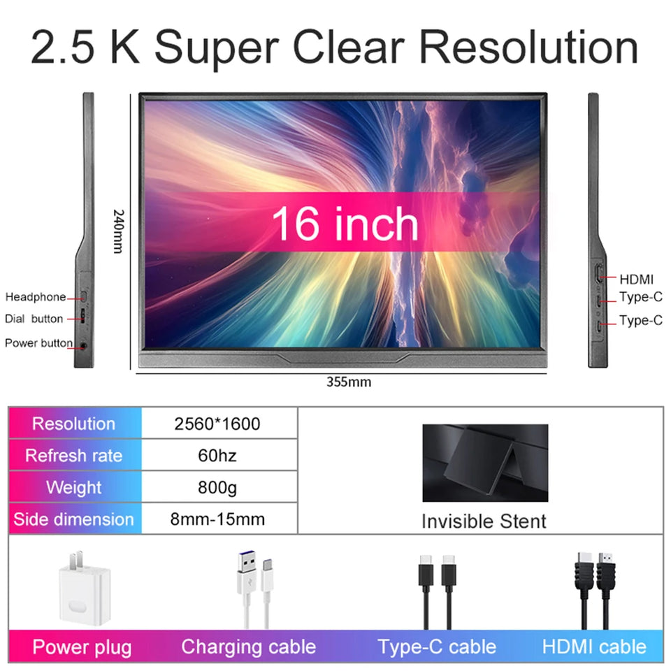 16 inch Portable Monitor 2.5K/120HZ/100%sRGB  For Laptop XBox PS4 / 5 Switch Cell Phone Computer Extension Gaming  Travel Screen