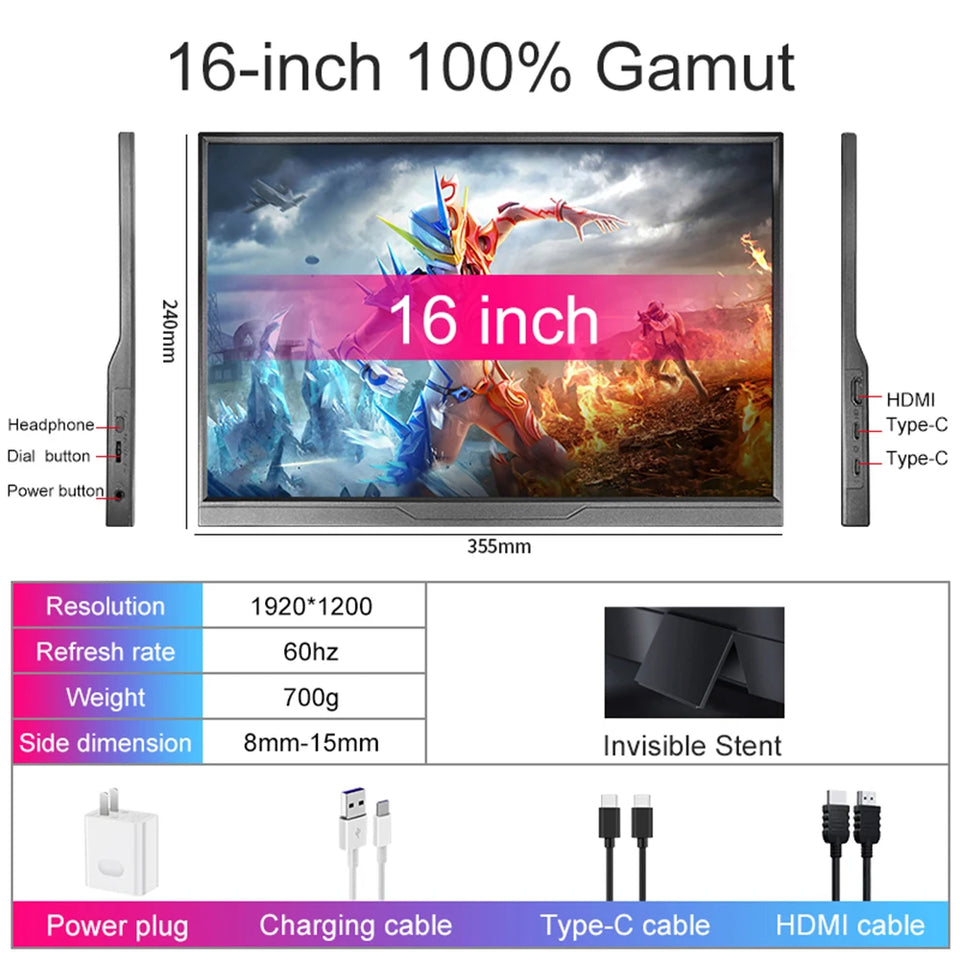 16 inch Portable Monitor 2.5K/120HZ/100%sRGB  For Laptop XBox PS4 / 5 Switch Cell Phone Computer Extension Gaming  Travel Screen