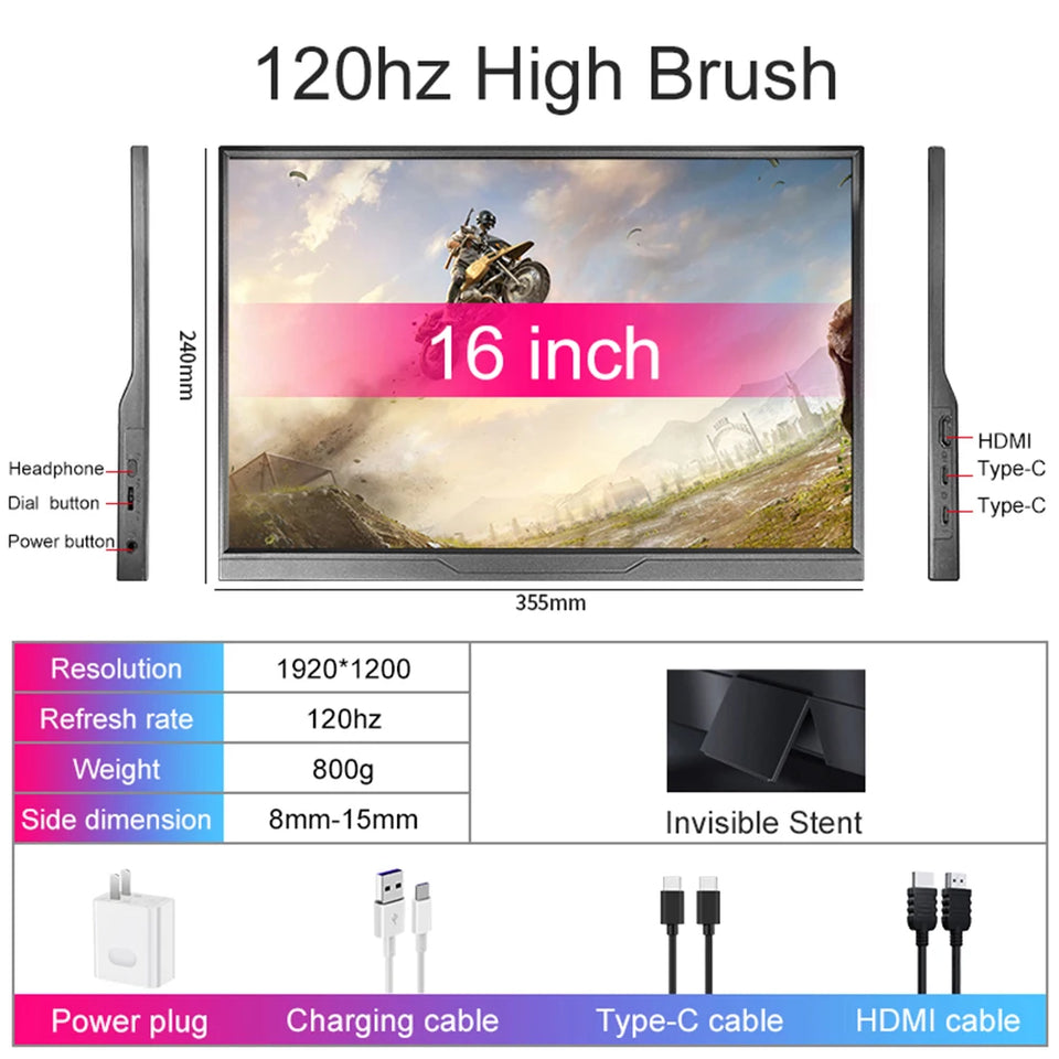 16 inch Portable Monitor 2.5K/120HZ/100%sRGB  For Laptop XBox PS4 / 5 Switch Cell Phone Computer Extension Gaming  Travel Screen
