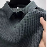 Summer New Men's Lop-up Hollow Short-sleeved Polo Tee Shirt Ice Silk Breathable Business Fashion T-Shirt Male Brand Clothes