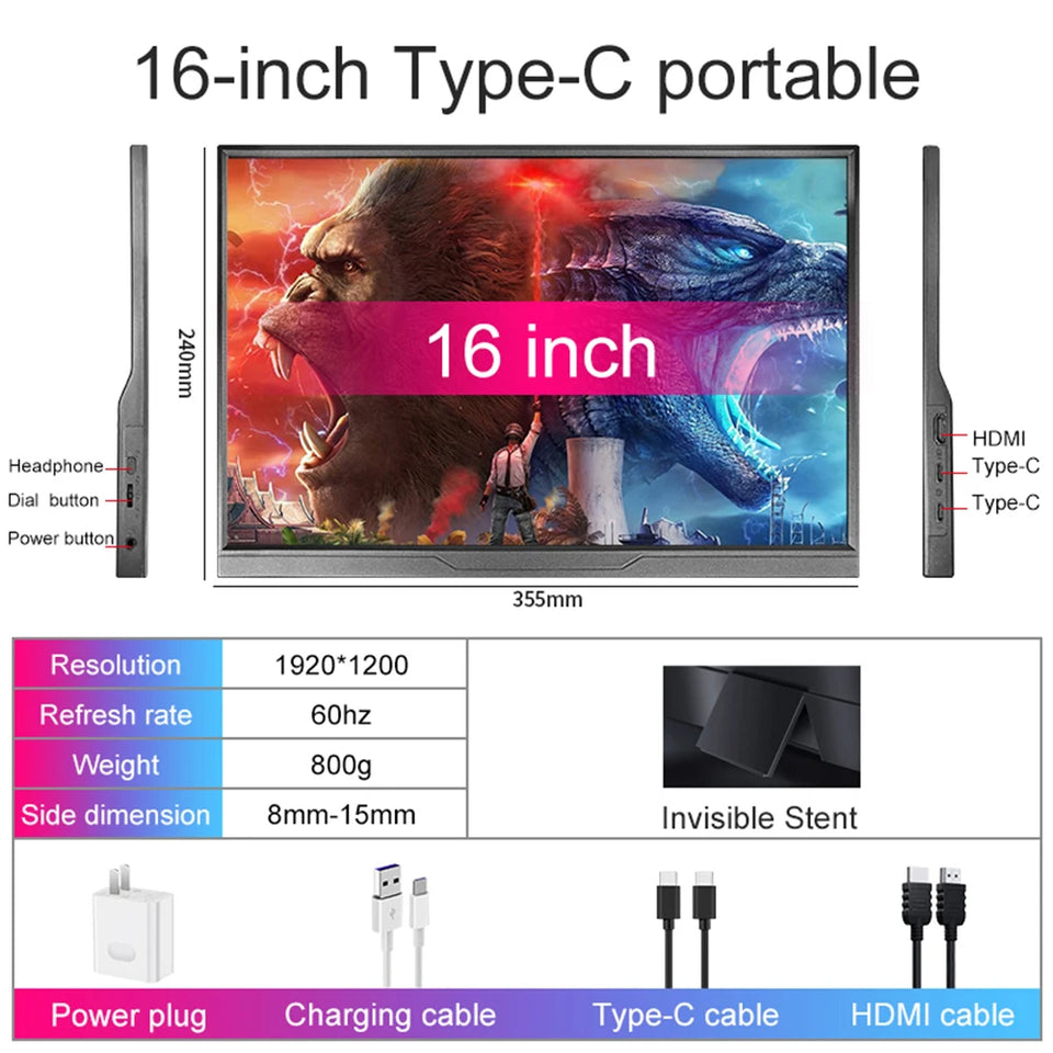 16 inch Portable Monitor 2.5K/120HZ/100%sRGB  For Laptop XBox PS4 / 5 Switch Cell Phone Computer Extension Gaming  Travel Screen