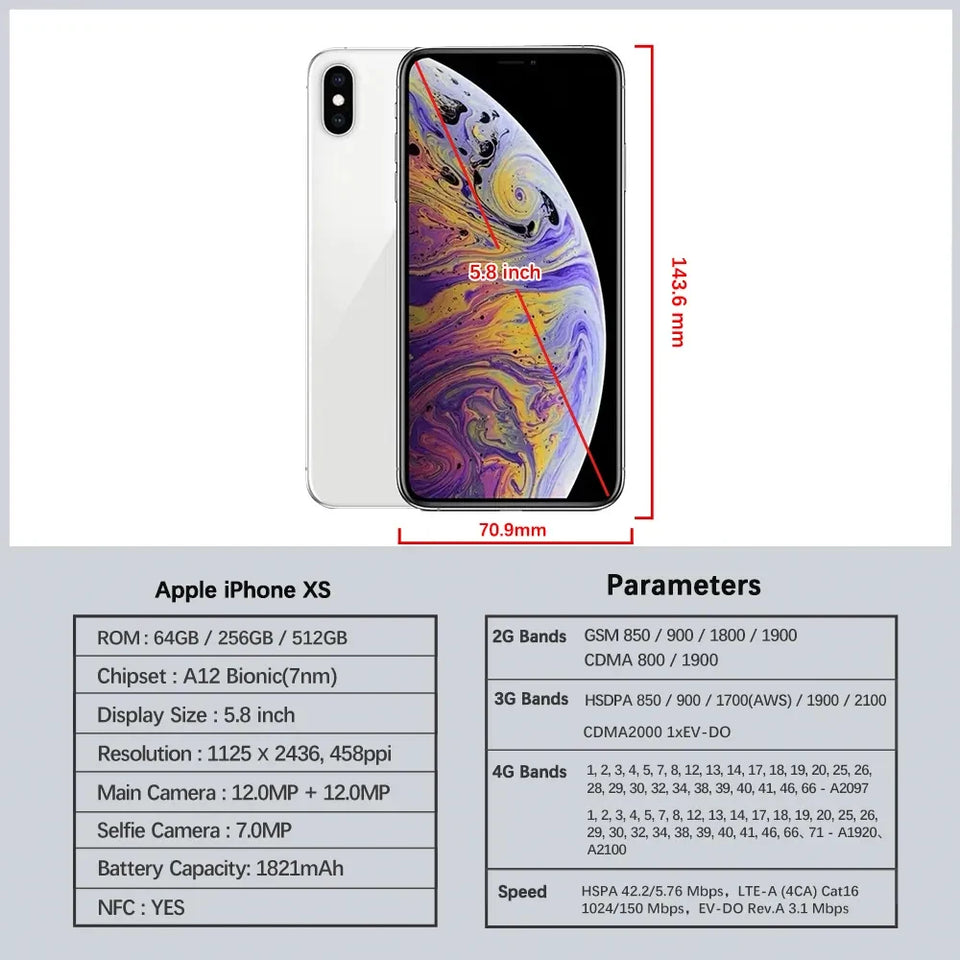 Original Apple iPhone XS Mobile Cell Phone 5.8" RAM 4GB ROM 64GB/256GB A12 Bionic 4G LTE Unlocked Cellphone Face ID Working