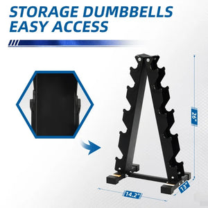 BalanceFrom 150LB Coated Hex Dumbbell Weight Set and A-Frame Storage Rack, 5-25 lbs Pairs